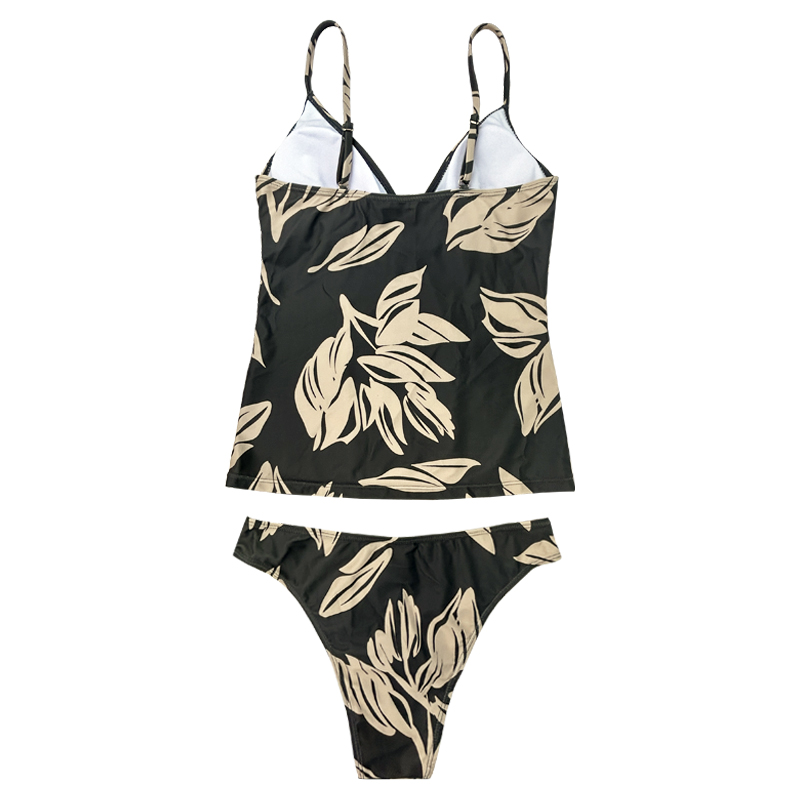 DrawString Vest Pleated V-hals Green Leaf Printed Two-Piece Swimsuit