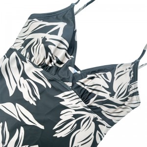 DrawString Vest Pleated V-hals Green Leaf Printed Two-Piece Swimsuit