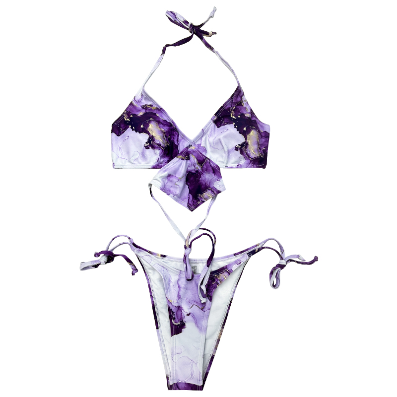 Purple Rendered Gradient Color Hanging Neck Strap Square Design Sense Split Swimsuit