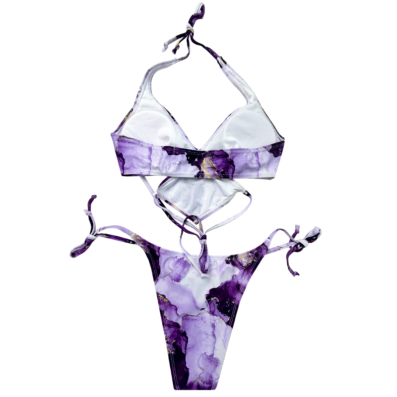 Purple Rendered Gradient Color Hanging Neck Strap Square Design Sense Split Swimsuit