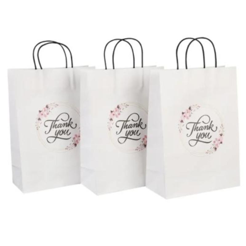 Partihandel anpassad storlek utskrift logotyp fancy tack vit kraft papper väska special dag bröllop personlig presentväska med handtag
