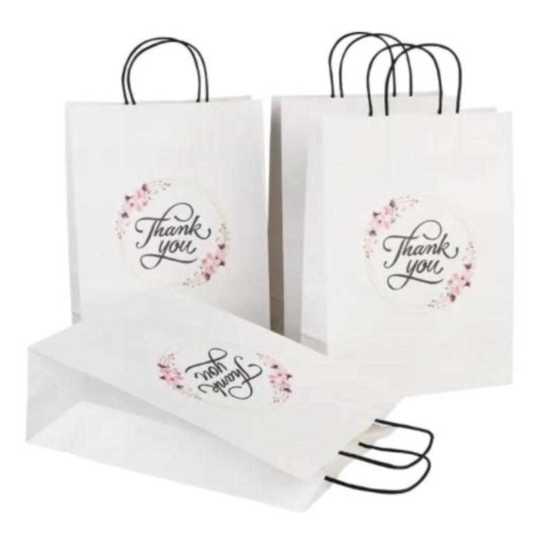Partihandel anpassad storlek utskrift logotyp fancy tack vit kraft papper väska special dag bröllop personlig presentväska med handtag