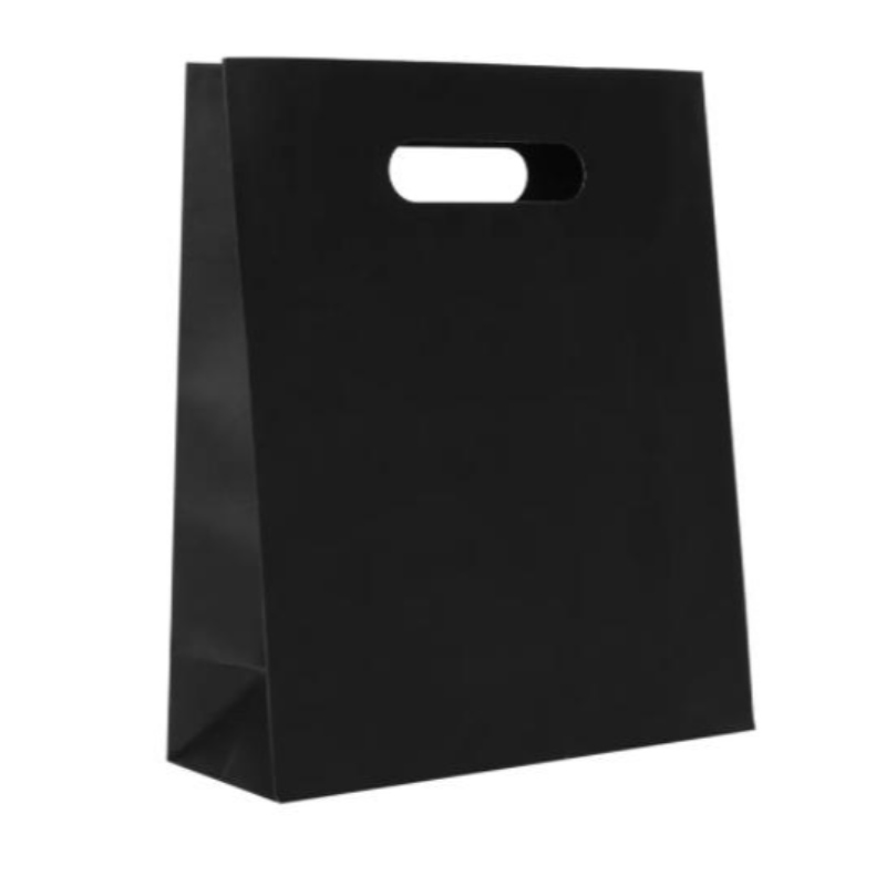 Art Paper Die Cut Kraft Paper Bag Christmas Flap Die Cut Handle Gift Bag Black Biologisknedbrytbar butik Shopping Papperspåse