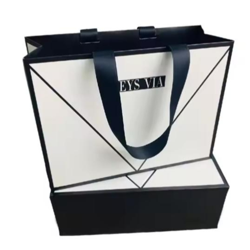 Anpassad lyxig vit och svart smycken plånbok bältes presentförpackning papper bär väska med svart satinband handtag