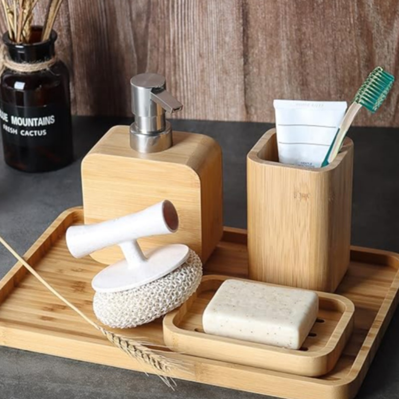 Handgjorda bambu -diskbänk&Badrumstillbehör set retro set,naturlig, tvålskålhållare för dusch, lotion tvåldispenser, munvatten kopp, sköljkopp, arrangörsfack för hotell, hus, kontor