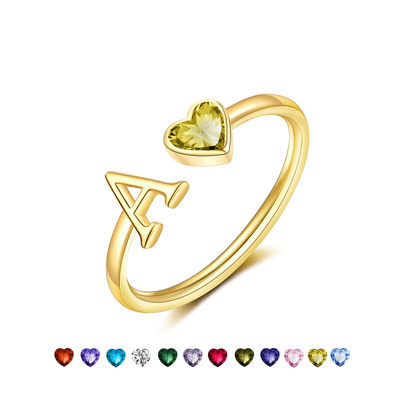 Hongde initiala ringar för kvinnor 14 kg guldpläterade Birthstone ringar, justerbar storlek5-10