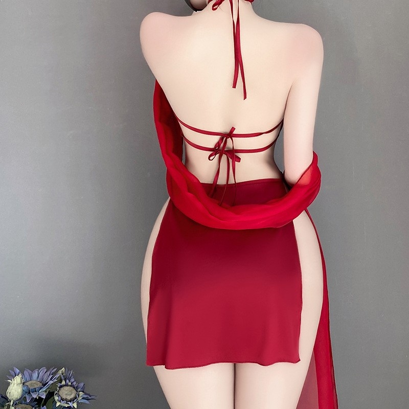 Retro - Style Sexig underkläderuppsättning för kvinnor: Halter -nacke med slips - upp detaljer, delikat broderi, ren - ännu - lockande stil, ihålig - Ut och rygglös design, i uniform - Inspirerad look 4291 Price:$169.99