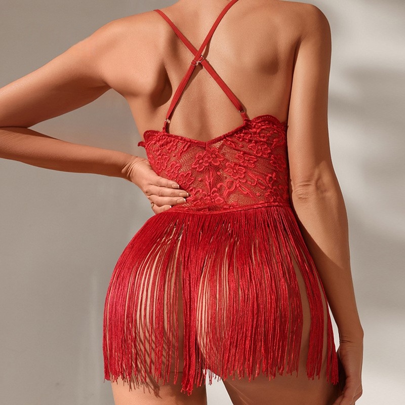 Sexig underkläder, sexig spets, ren design, djup v -nacke för en förförisk look, med tofs - panelerade och korsa - Backed Suspender Dress, F2640 Pris:$79.99