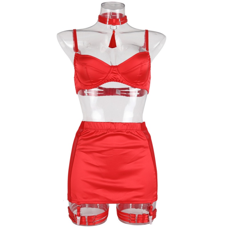 Sexig satin-Stitched Mesh Sheer Pencil kjol Tassel Women\S modeunderkläder fem-Piece Set.MY96618 Pris:$119.99