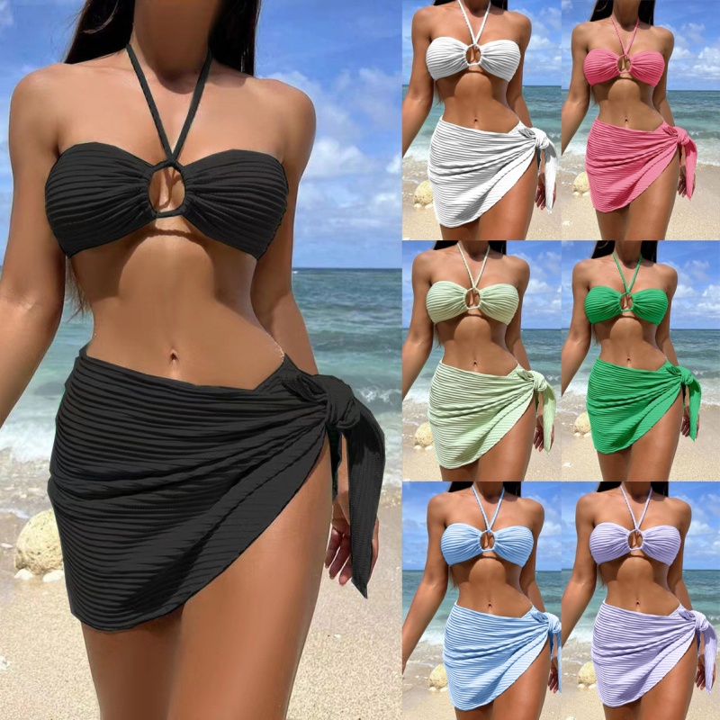 Sexig bikini baddräkt tre-bit med en ren kjol, grimma-Halsstil, baddräkt för fast färg för kvinnor, tillgänglig i lager och flera färger SY816 Pris:$79.99