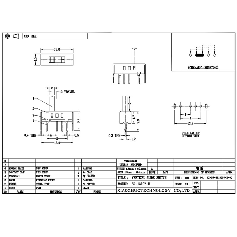 Slide Switch SS13D07 Single-rad fyra-Pin Micro Toggle Switch, Vertical Toggle Switch for Electrical Appliances, 3, 4, 5 och 6 Positions Glid Switch