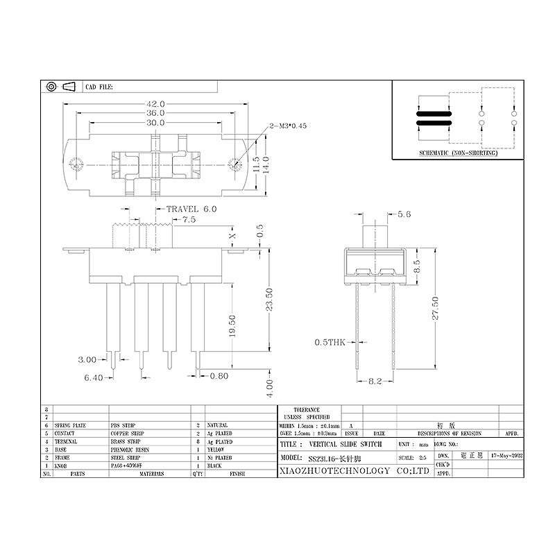 Slide Switch SS23L16 Lång PIN -stift växla Switch Medicinsk utrustning industriell utrustning Hög strömomkopplare tre-Position Sliding Switch