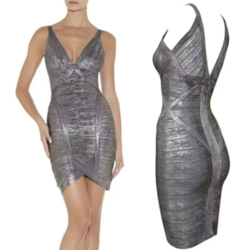 Summer Printed Gold Knit Double V Suspenders Tight Bandage Dress kjol