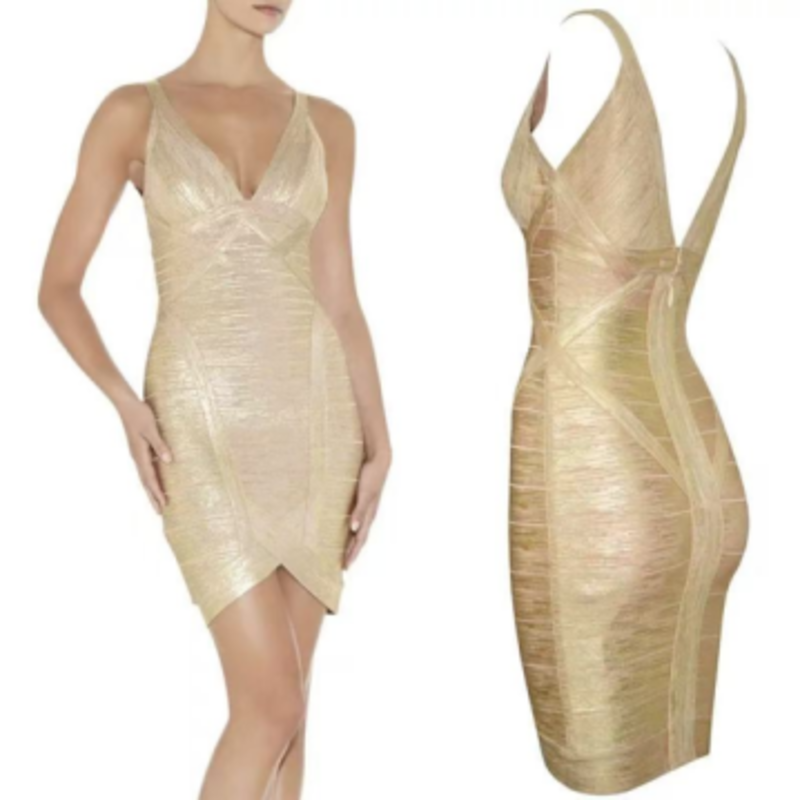 Summer Printed Gold Knit Double V Suspenders Tight Bandage Dress kjol
