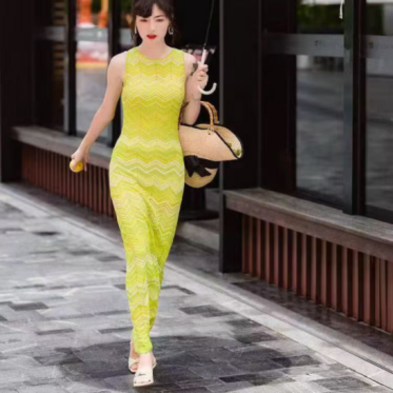 Summer Knit Round Neck Long Sleeve Intercolor Cardigan, V-Neck ärmlös lång stickad randig klänning