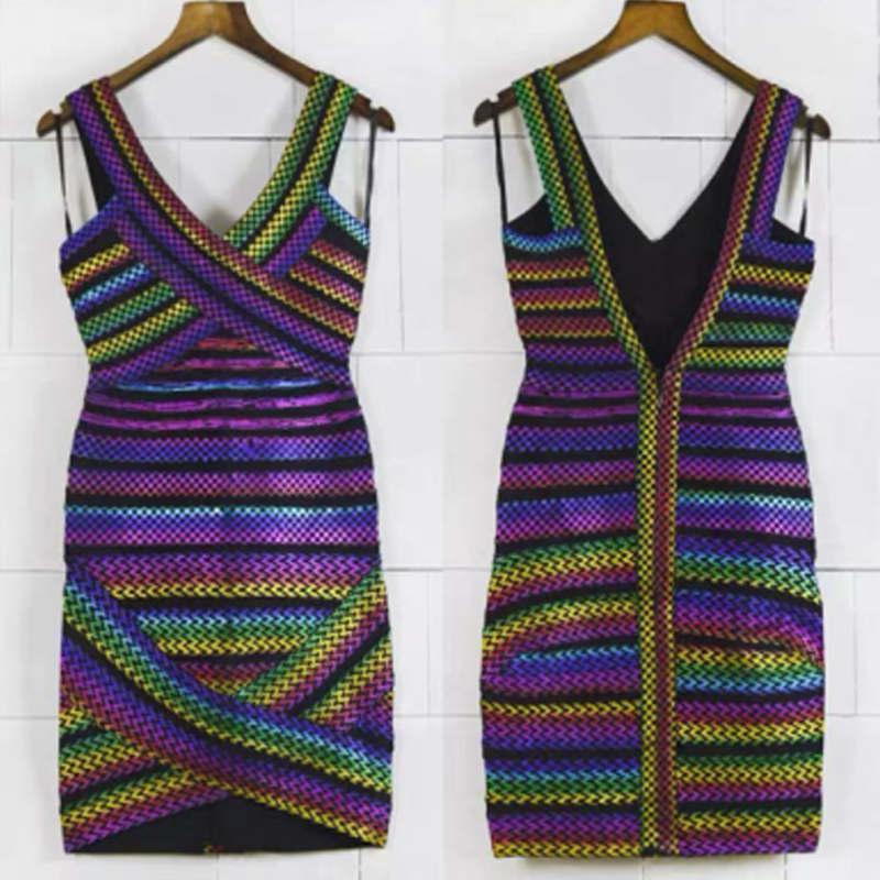 Sommar v-Neck färgglada ränder gummiband skarvhalter tätt paket höftklänningar