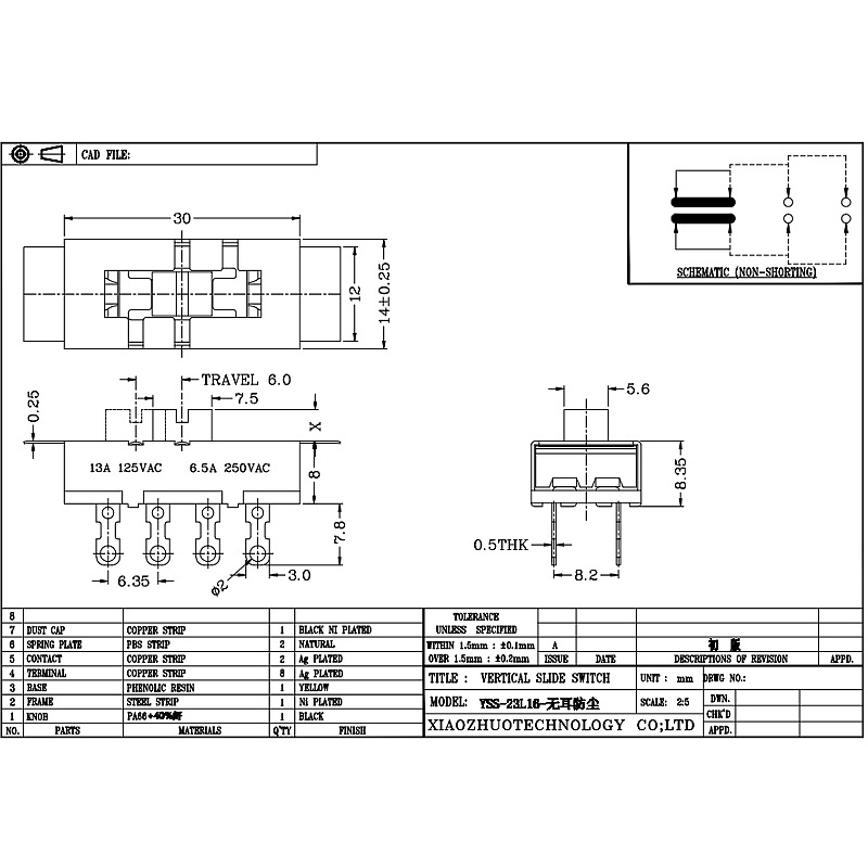 Slide Switch SS23L16, High Current, Three-position, dubbel-rad, 8-Pin, Shredder Switch, Vertical Glid Switch för mekanisk utrustning
