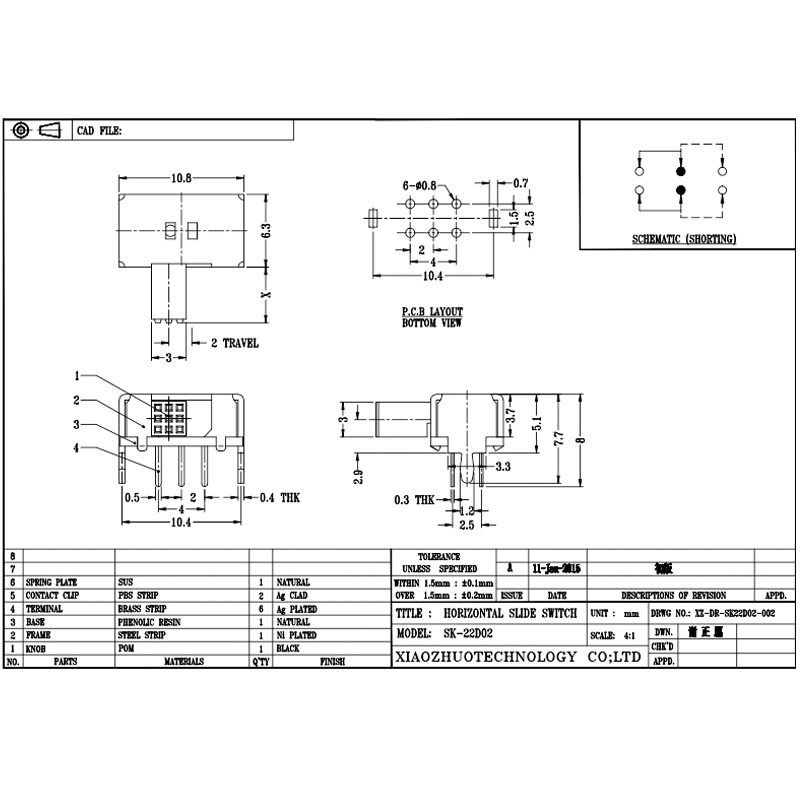 Miniatyr Slide Switch SK22D02, en liten switch för elektronisk, elektrisk, kommunikation och industriell kontroll med två bandintervall på 2p och 2T