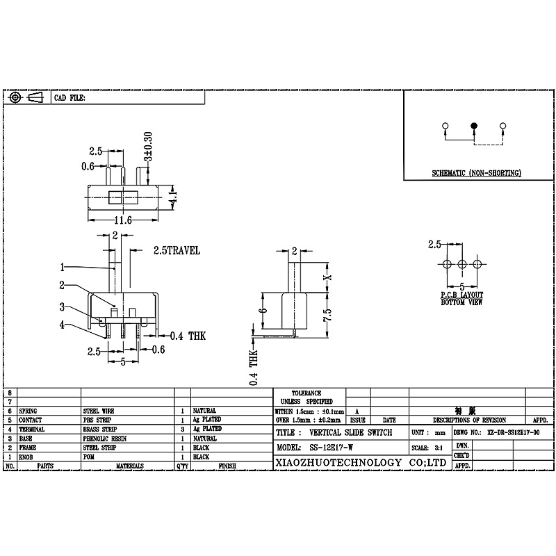Slide Switch SS12E17 Electric Heater Glid Switch Bend Foot 2-position 3-stift växelbrytare