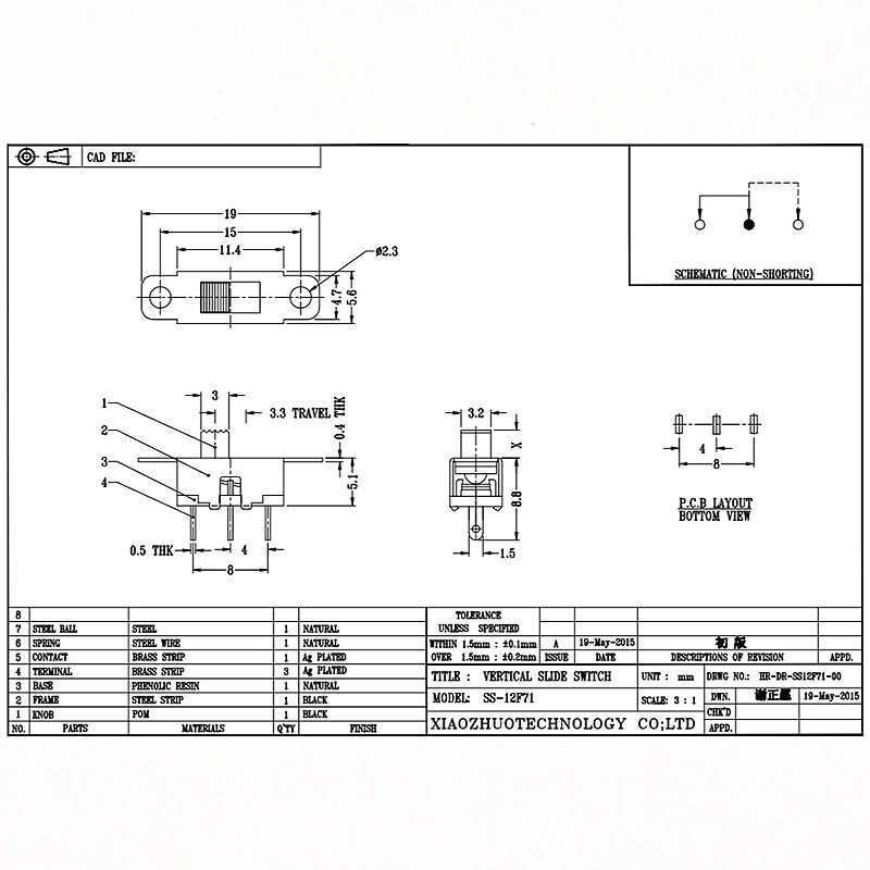 Slide Switch SS12F71 Toy Audio Single-rad tre-PIN Glid Switch LED Light Micro Vertical Slide Switch Switch