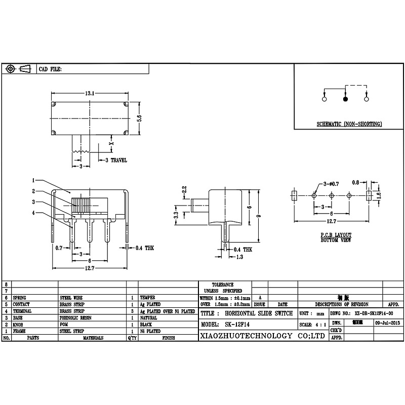 Slide Switch SK12F14 SIDA-dra horisontell switch, taklampans sida-Pull Slide Switch, Single-rad 3-stift vertikal bildbrytare