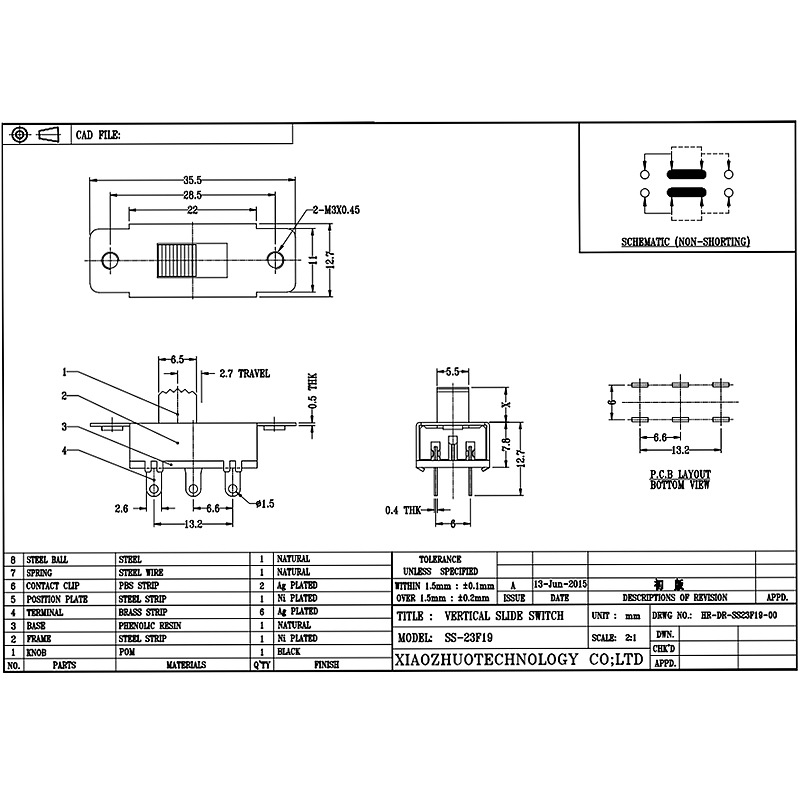 Slide Switch SS23F19, dubbel-rad 6-stift tre-Position Slide Switch, Car Navigation DVD Slide Switch
