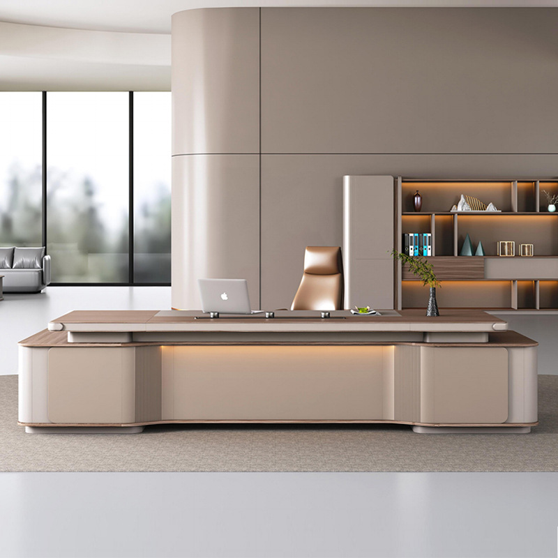 Modell: DBT005 Modern Voice-Control Light Strip Boss-kombinationsskrivbord och skåp, multifunktionsuttag, Light Luxury och Elegant Boss-kontorsbord.